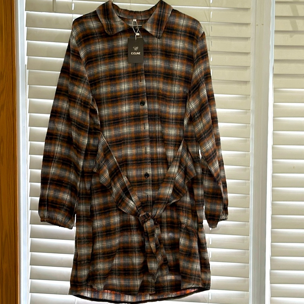 New w/tags,flannel,front tie, long sleeve dress, burnt orange, white, navy